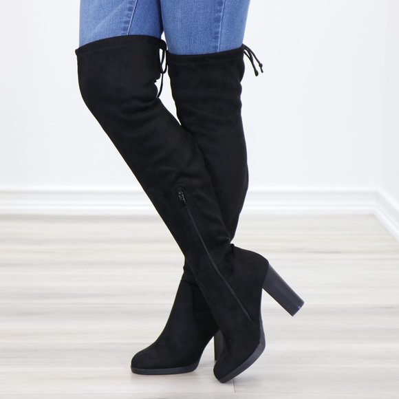 Tie Back Over Knee Heeled Sleek Boots Suede Black - Picture 9 of 15